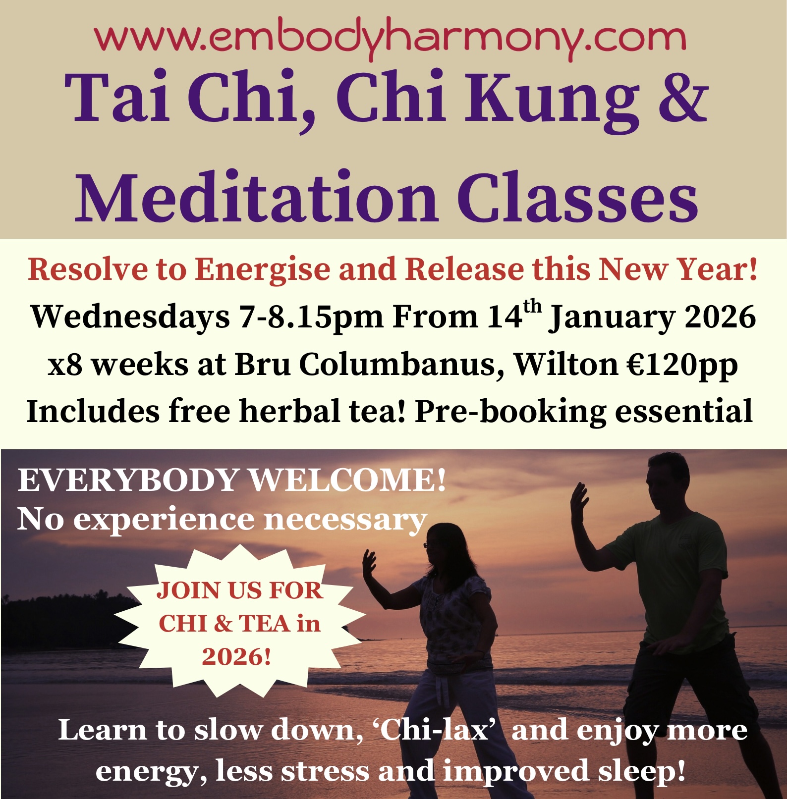 Tai Chi & Meditation Classes New Year 2026 in Cork FULLY BOOKED!