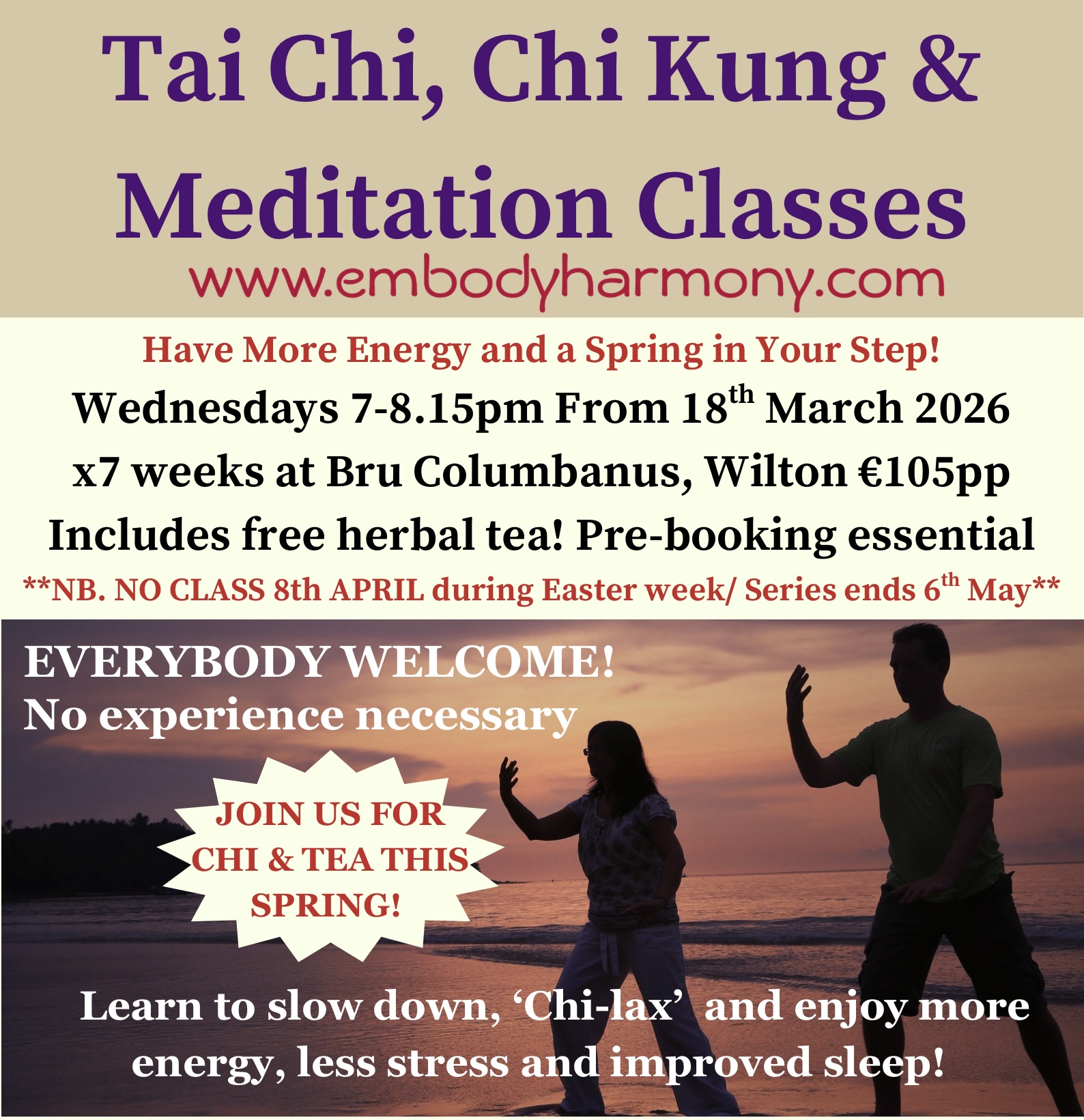 Tai Chi & Meditation Classes Spring 2026 in Cork FULLY BOOKED!